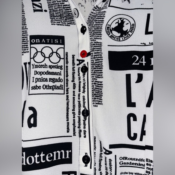 Mishca Newspaper Print Waist Tie Bell Sleeve Art To Wear Blouse Size Large Boho - Picture 6 of 9